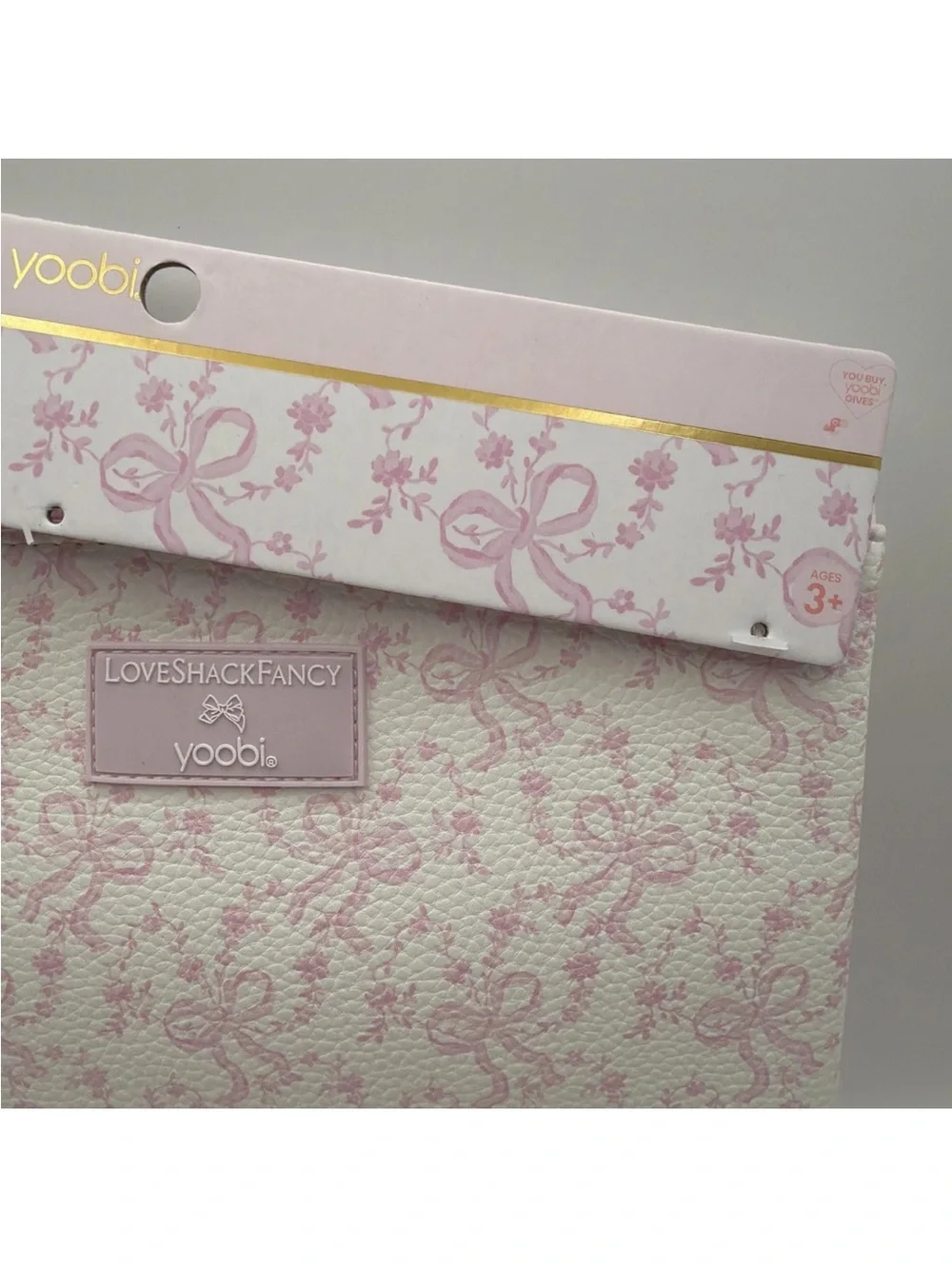 New - LoveShackFancy Pink Coquette Gold Bow Zipper Pouch/Wristlet w Strap